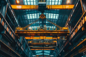 Obraz premium Large crane machine hanging inside an industrial factory, highlighting its scale and crucial role