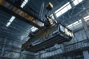 Fototapeta premium Large crane machine hanging inside an industrial factory, highlighting its scale and crucial role