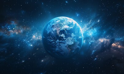 Planet earth in space background. Blue ball with glowing stars and flares on surface surrounded by universe and galaxies