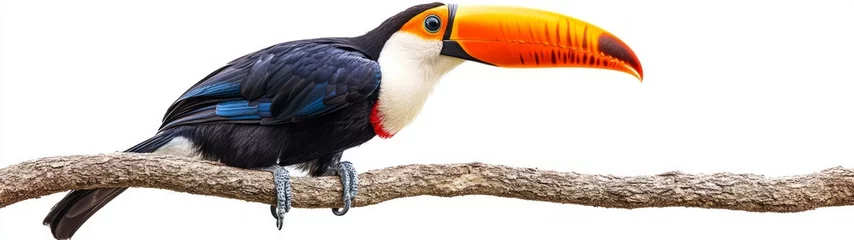 Toucan Perched on Branch, vibrant toucan with striking colors, perched elegantly on a branch, set against a clean white background, showcasing its unique features and charm