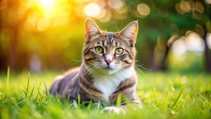 Cat lying on green grass in a peaceful outdoor setting , nature, pet, feline, animal, relaxation, outdoor, grassy, cute, furry