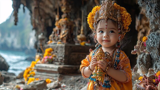 A Kuman Thong, a ghost child holding a golden amulet, standing beside an ancient, crumbling shrine.