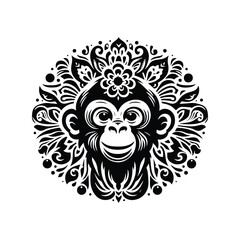 monkey in folk art black and white silhouette illustration -