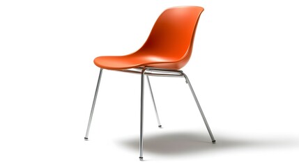 A photograph showcasing a sleek and simple minimalist stacking chair with a plastic seat and metal legs isolated against a clean white background