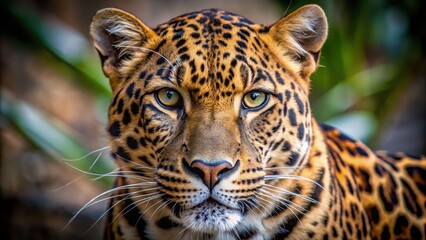 Obraz premium Close up photo of a brown and black leopard showcasing its distinctive spots and intense gaze, leopard, wild cat