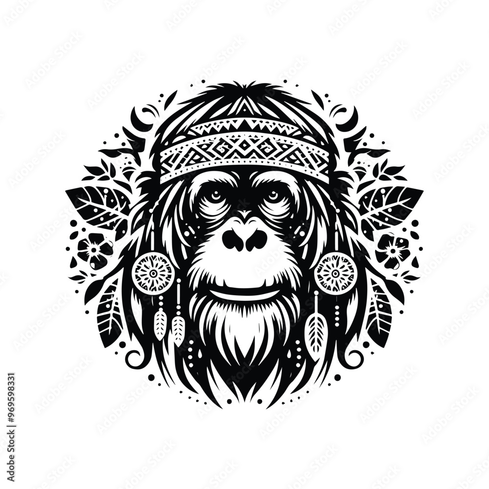 Wall mural orangutan monkey in bohemian black and white silhouette illustration -