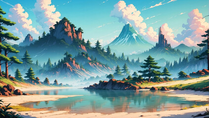 Tranquil mountain landscape with a calm river and vibrant colors