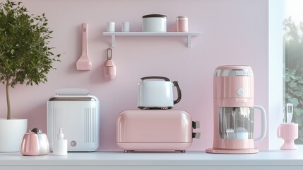 Stylish pink kitchen appliances arranged on a countertop with a plant and decorative items during daylight in a modern home