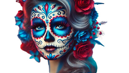 Naklejka premium Catrina, mexican face painting, dia de los muertos, no backgronud, generative ai