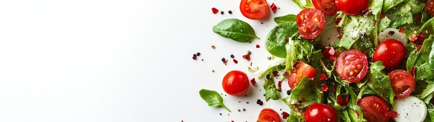 Vibrant Salad Display, a full-body portrait showcasing a colorful assortment of fresh vegetables and greens, highlighted against a clean white background for a lively presentation