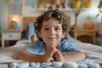 Fototapeta premium Smiling young boy with curly hair lying comfortably on a bed in a cozy, well-lit room.