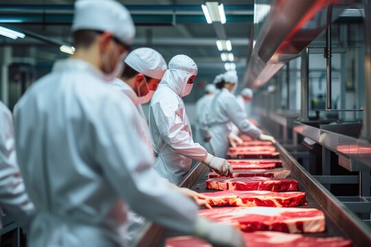 Steak Production Line Workers in Full Sanitary Gear