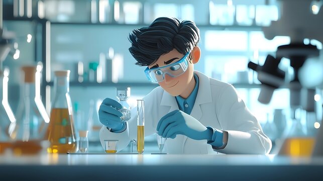 a man in a lab coat and goggles holding a beakle