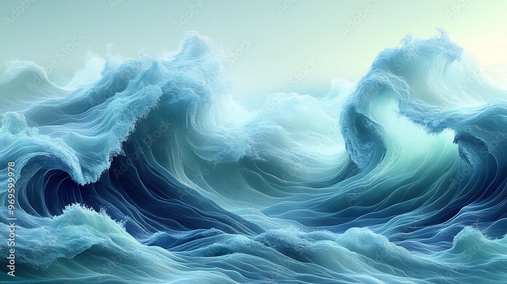 Wall mural vector design of an abstract wave pattern in soothing blues and greens creating a sense of movement 