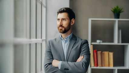 Confident bearded business man leader looking away standing in office. Professional businessman manager executive, male investor or entrepreneur thinking of future dream success idea