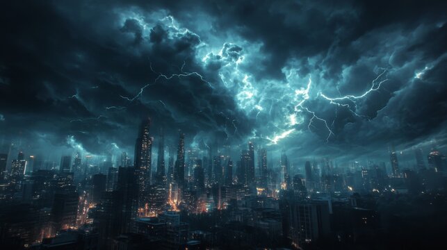 A dramatic city skyline under tumultuous storm clouds illuminated by bright lightning, capturing the raw power of nature against the backdrop of a modern urban landscape.
