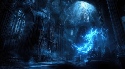 Fototapeta premium Mystical blue energy glow in abandoned cathedral.