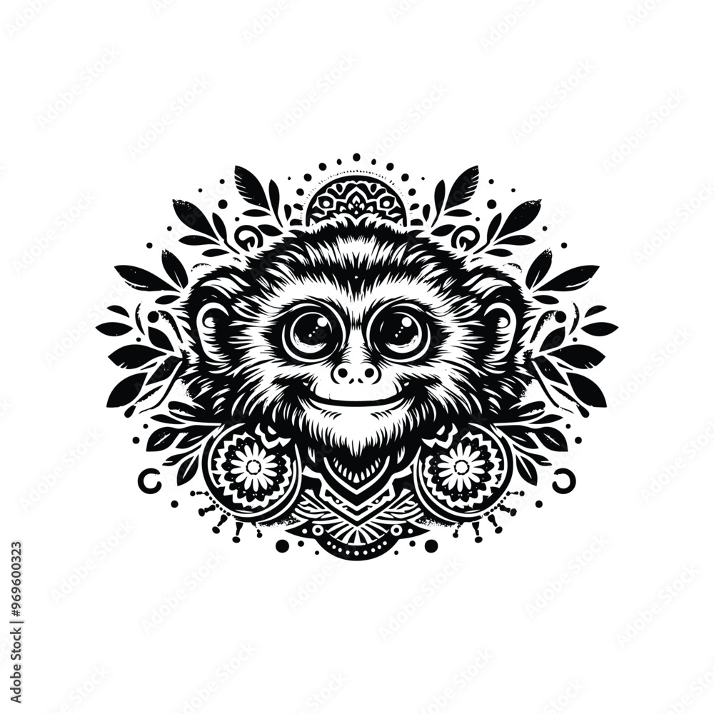 Wall mural Tarsier monkey in bohemian black and white silhouette illustration -