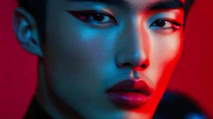 Male Portrait with Neon Lights and Red Lips.