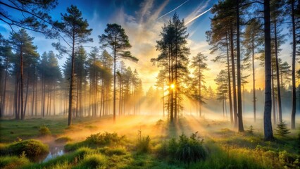 Fototapeta premium Mysterious dawn mist hanging in the tranquil forest, nature, scenery, fog, trees, atmosphere, tranquil, morning, misty, serene
