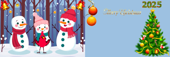 Fototapeta premium Christmas. Three snowmen and a Christmas tree a postcard with a place to write.