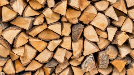 This close-up captures a well-organized pile of firewood, highlighting the unique textures and warm tones of the logs under natural light on a clear day