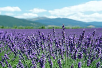 Fototapeta premium Close-up View of Lavender Flowers in a Field with a Blurred Mountain Background
