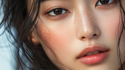 Closeup of Woman's Face with Freckles and Soft Makeup.