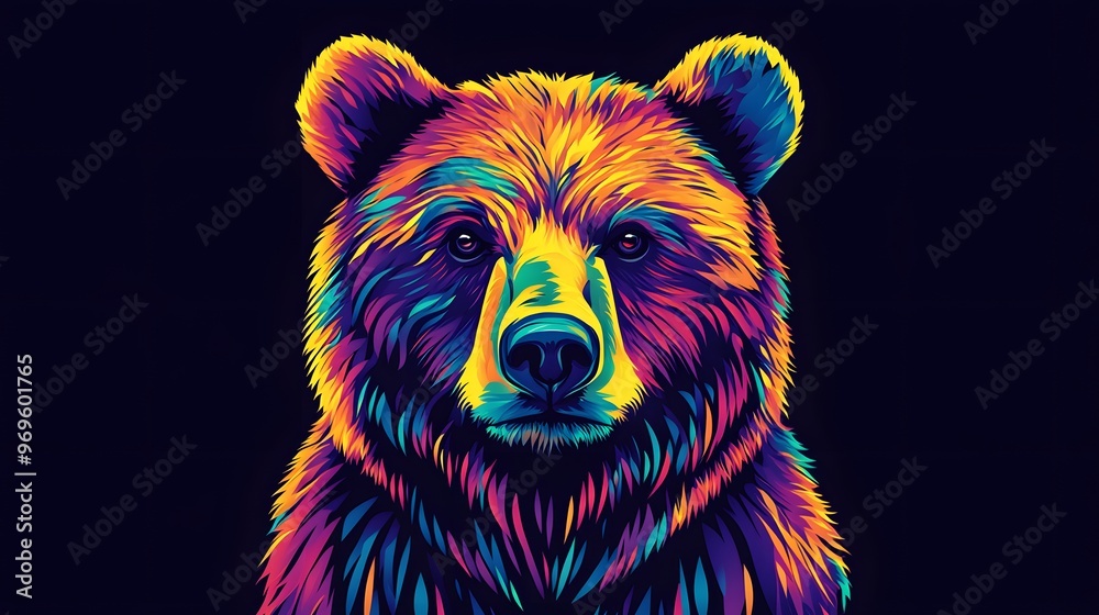 Wall mural colorful bear head vector graphic on a black background, with colorful rainbow gradients