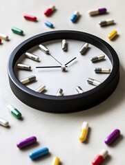 Pills Surrounding Desk Clock
Capsule pills arranged in a circle around a sleek desk clock on a bright surface. 