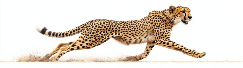 Obraz premium Sleek Cheetah in Motion, a dynamic portrayal of a cheetah sprinting across open plains, showcasing its agility and grace against a minimalistic white backdrop.