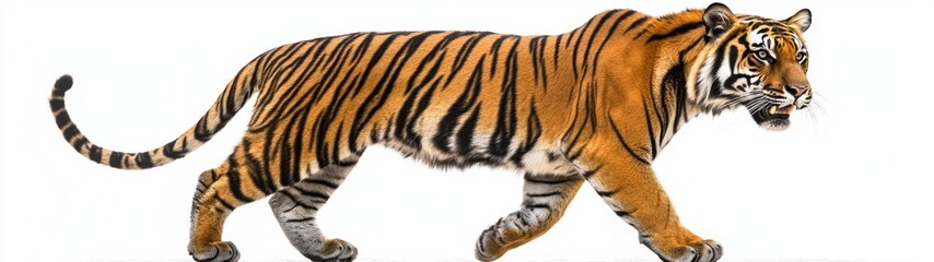 Obraz premium Bengal Tiger in Underbrush, A striking full-body portrait of a sleek Bengal tiger moving gracefully through dense underbrush against a crisp white background, showcasing its majestic form.
