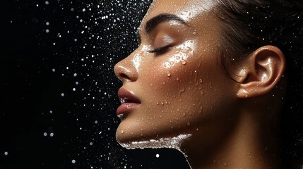 Woman's face with water drops.
