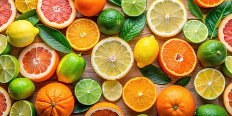 Fototapeta premium Background of various citrus fruits including oranges, lemons, and limes , citrus fruits, background, oranges, lemons