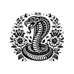 Obraz premium Cobra in folk art black and white silhouette illustration -