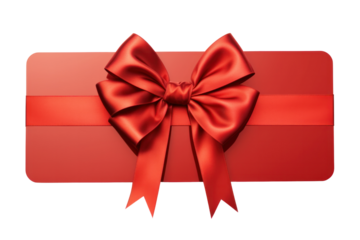 A voucher design featuring a large red bow isolated on white background