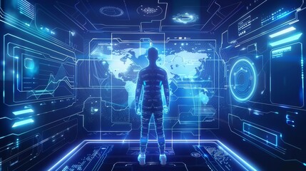 A futuristic digital interface with a human silhouette standing in the center. The background displays a global map and various data visualizations.