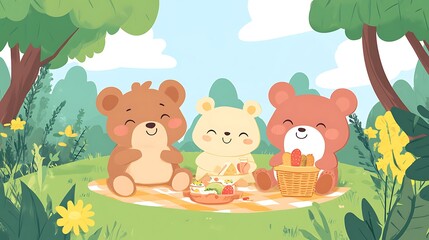 Naklejka premium Three Cute Bears Enjoying a Picnic in the Forest.