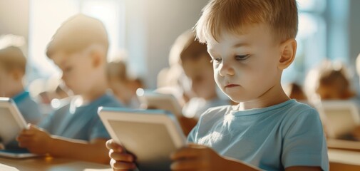 A focused young boy engaged with a tablet, surrounded by peers in a bright, modern classroom environment.