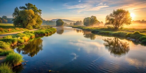 Peaceful river flowing through serene landscape in early morning light, nature, water, river, landscape, morning, peaceful