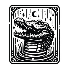 Naklejka premium Crocodile in Tarot card black and white silhouette illustration -