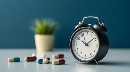 Capsules and Desk Clock, Minimalist Style
A minimalist scene of a desk clock placed next to neatly arranged capsules. 