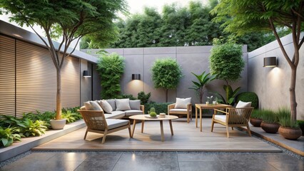 Fototapeta premium Peaceful outdoor patio with minimalist design and natural elements, minimalist, outdoor, patio, peaceful, tranquil, serene