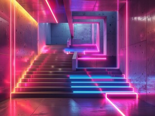 A futuristic hallway with vibrant neon lights illuminates a staircase leading to an unknown destination.