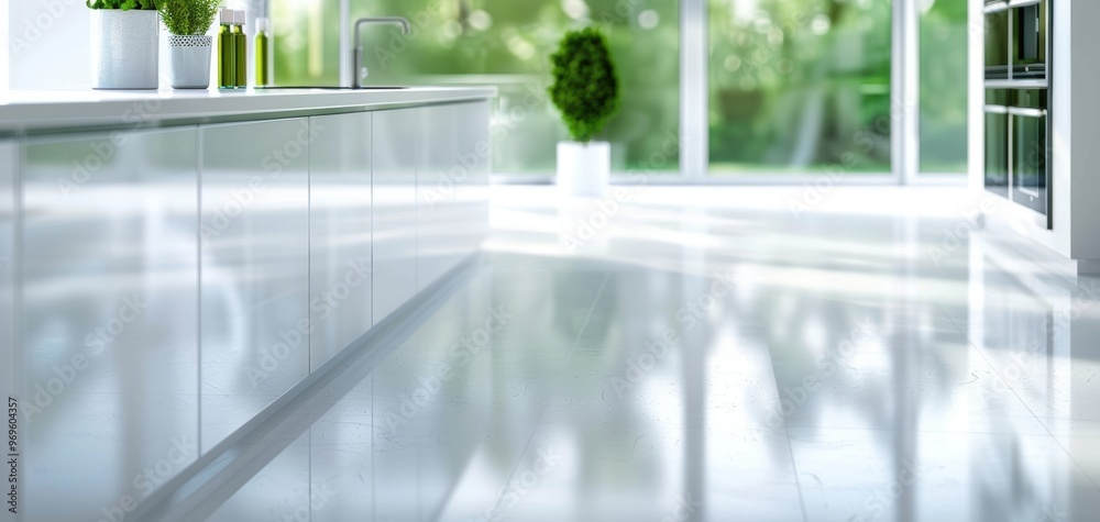 Aufkleber a modern kitchen showcasing sleek cabinets and glossy floors with natural light streaming through la