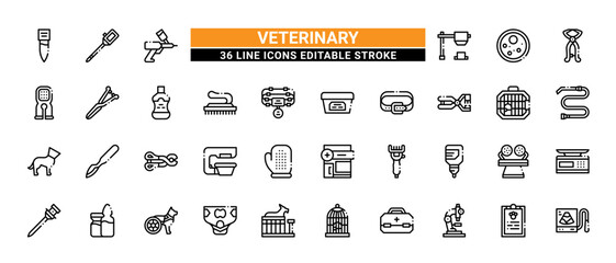 36 Veterinary Line Icons Set Pack Editable Stroke Vector Illustration.