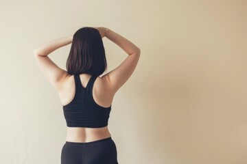 Obraz premium Young bob hair chubby woman stretching after yoga back underwear clothing.