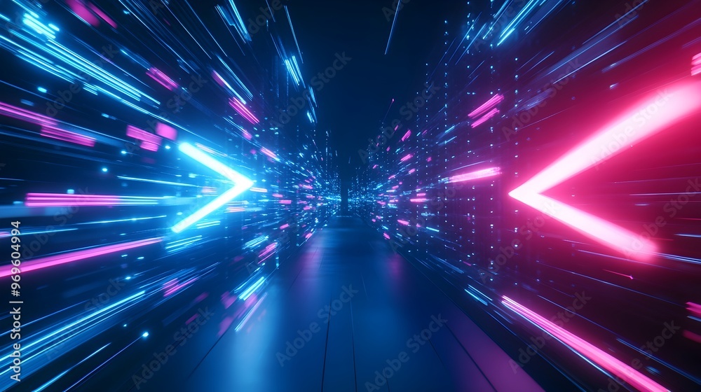 Poster abstract arrow speed motion light effect with blue and pink glow on dark background featuring sharp 