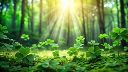 Fototapeta premium Green clover field in the forest on St. Patrick's Day , clover, field, green, forest, St. Patrick's Day, celebration, Ireland
