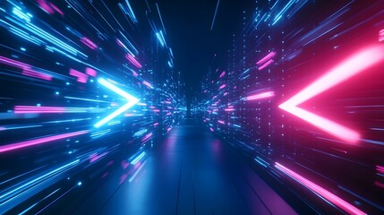 Obraz premium Abstract arrow speed motion light effect with blue and pink glow on dark background featuring sharp graphics iridescent color scheme
